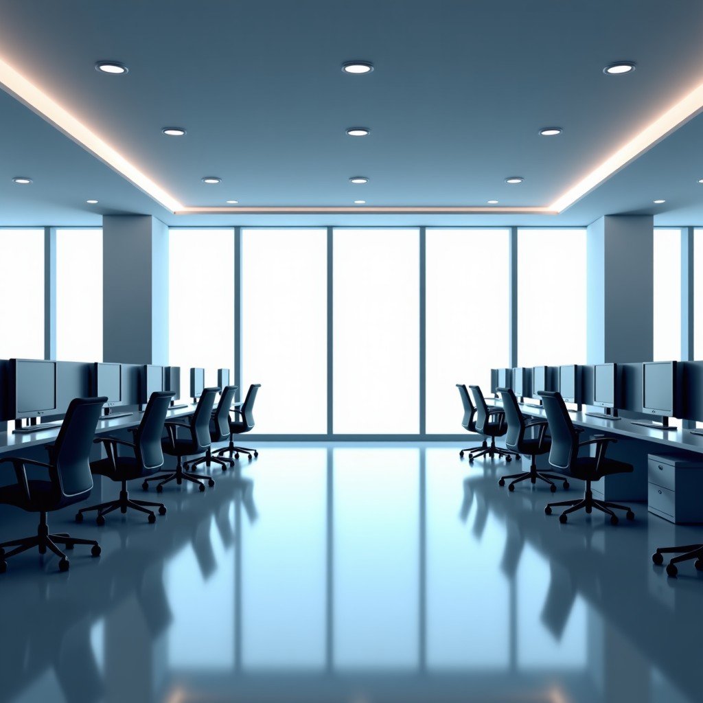 A clean and modern office interior with subtle holographic AI elements appearing near workstations. No text, high contrast, sleek architectural design, 4:3.