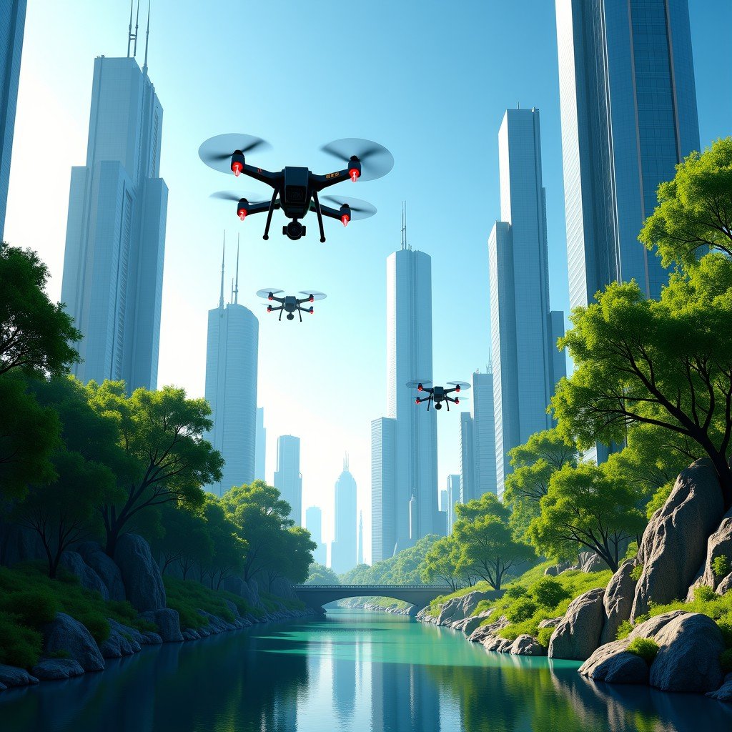 A futuristic concept art of an Indian smart city with flying drones lush green spaces integrated with high-tech skyscrapers and AI interfaces displayed on public screens vibrant colors artistic rendering 4:3