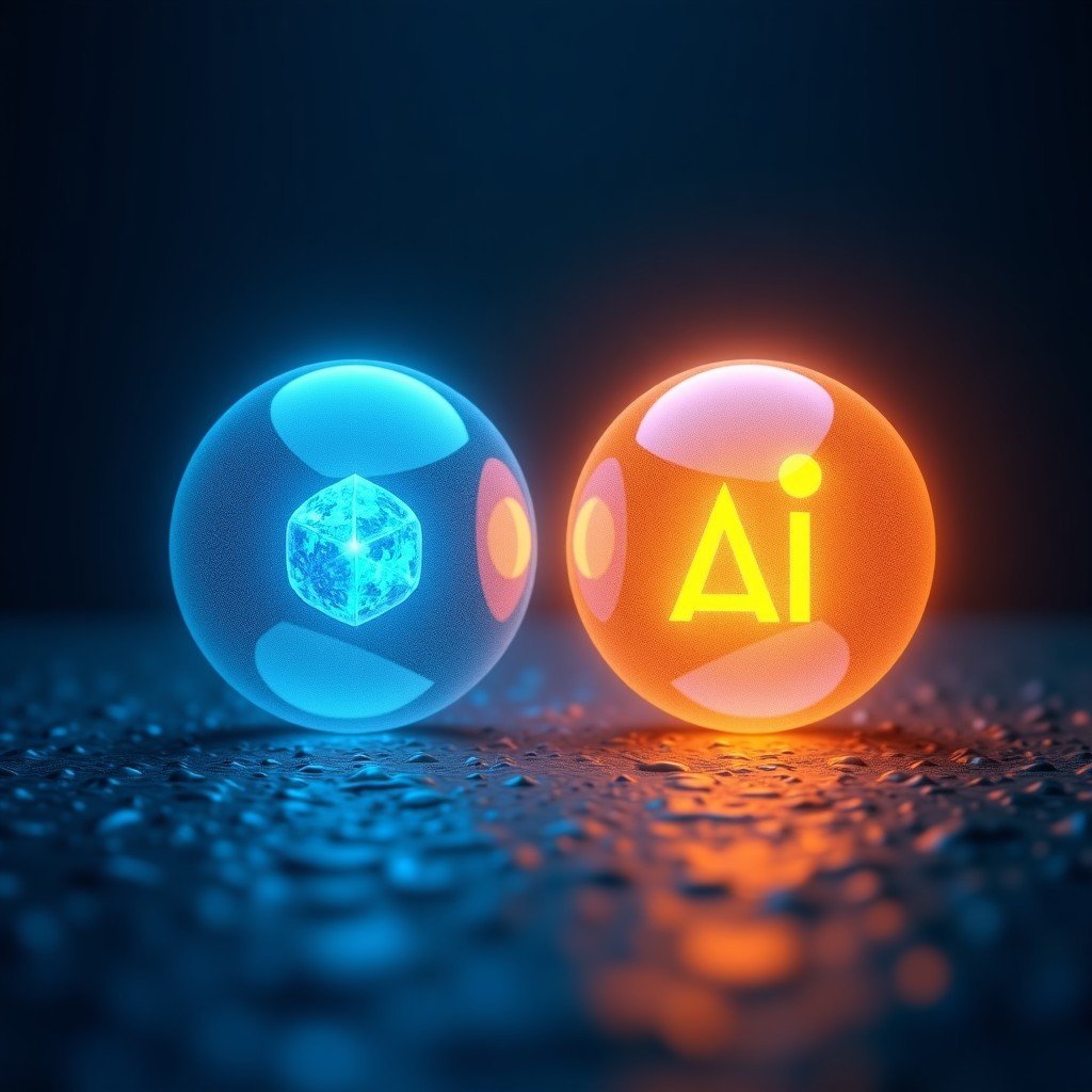 A conceptual illustration showing two glowing light spheres representing competing AI technologies, artistic rendering with particle effects, deep blue and orange contrast, textured background, 16:9 aspect ratio.