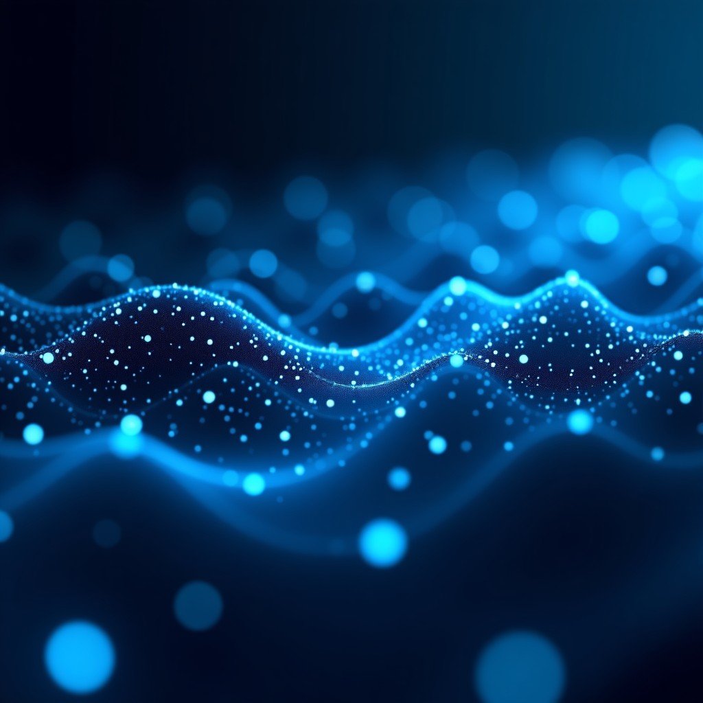 A futuristic digital representation of advanced artificial intelligence neural networks connecting across a dark blue background with glowing light trails and abstract data nodes. 4:3