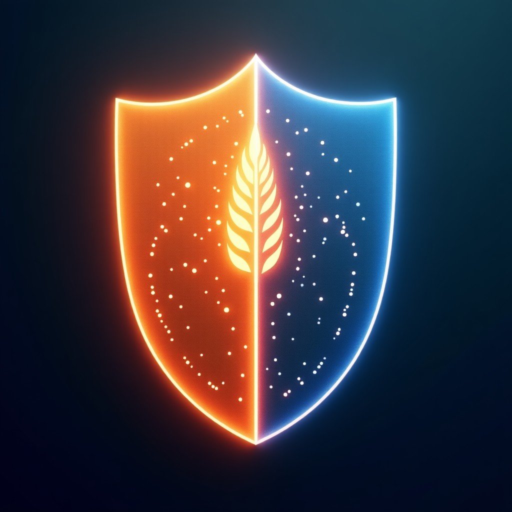 A symbolic representation of AI ethics versus military application. A glowing digital shield and an olive branch on one side, and a stylized tactical map on the other. Balanced composition, high contrast, artistic rendering. 4:3