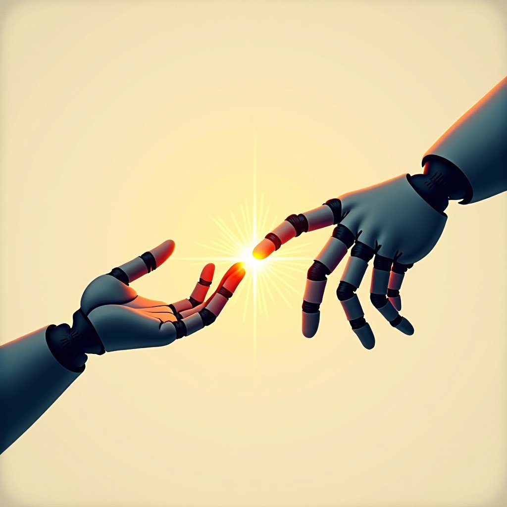 An artistic illustration of a human hand and a robotic hand reaching towards each other, glowing sparks of light between them, soft textured background, 4:3