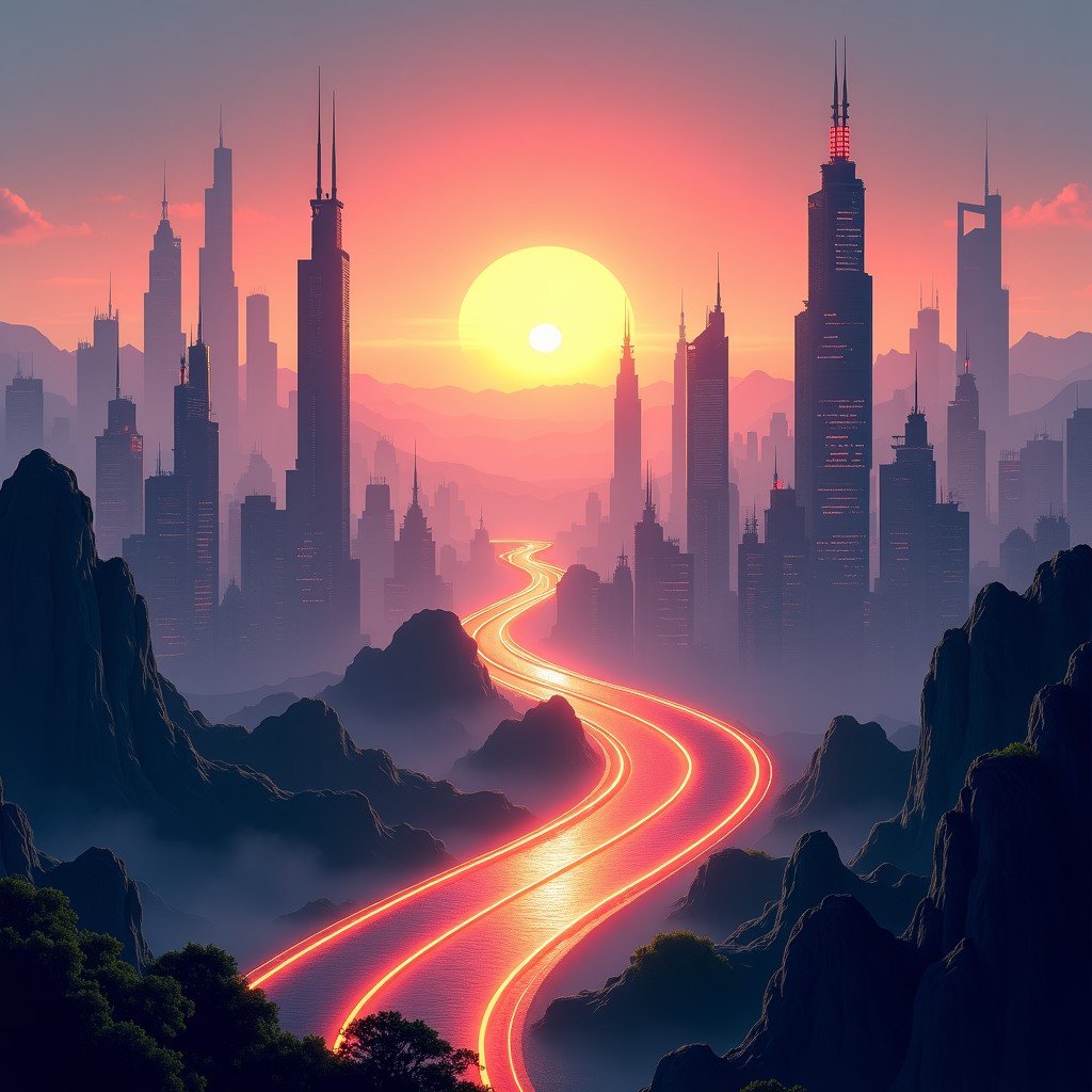 A breathtaking futuristic cityscape integrated with nature and glowing digital energy lines. Cinematic lighting during sunset. Detailed composition. No text. 4:3