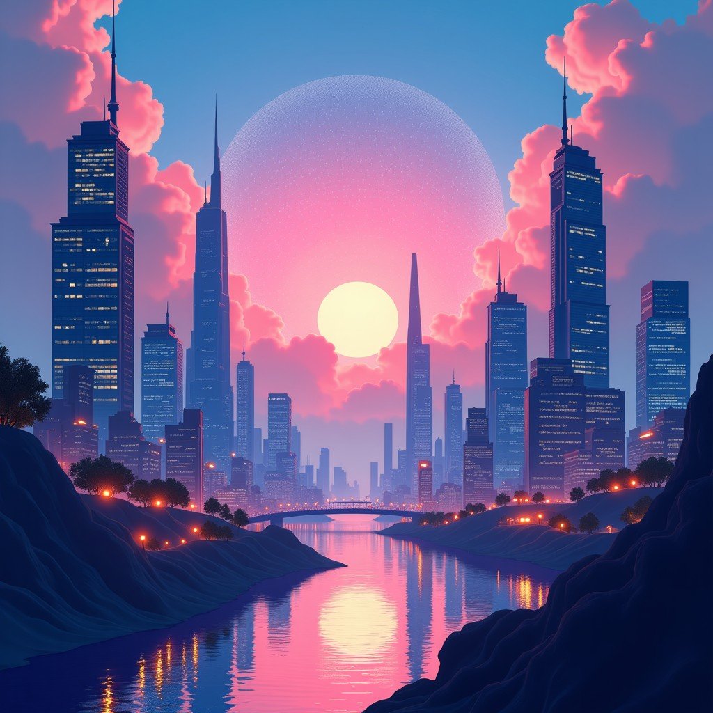 A futuristic city landscape integrated with AI technology, digital neural networks overlaying the sky, vibrant and detailed composition, 4:3