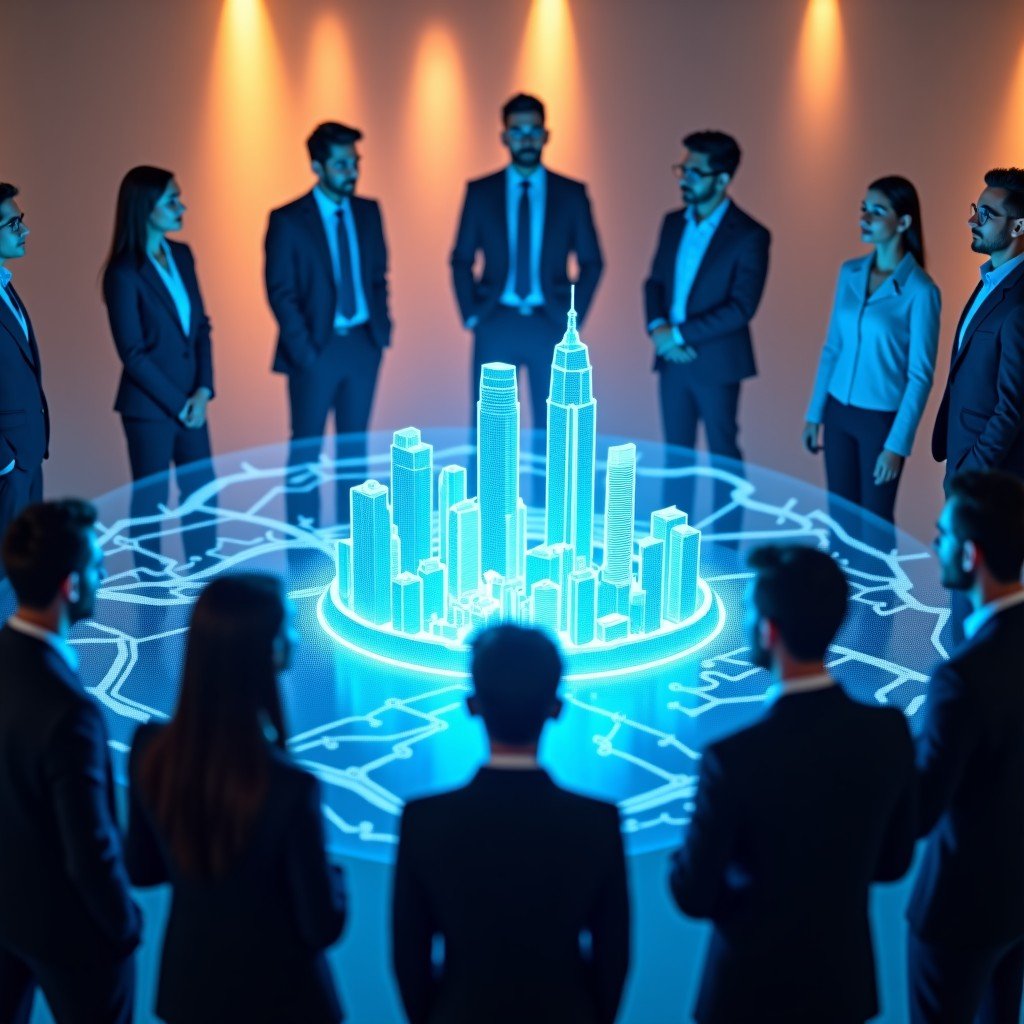 Diverse group of professional people looking at a digital holographic map of a smart city in India, symbolizing the future impact of AI. Warm lighting, visionary atmosphere, 4:3