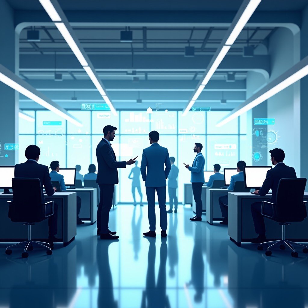 A futuristic office with people interacting with holographic data displays and AI integrated systems, clean modern design, soft natural lighting, professional atmosphere. 4:3