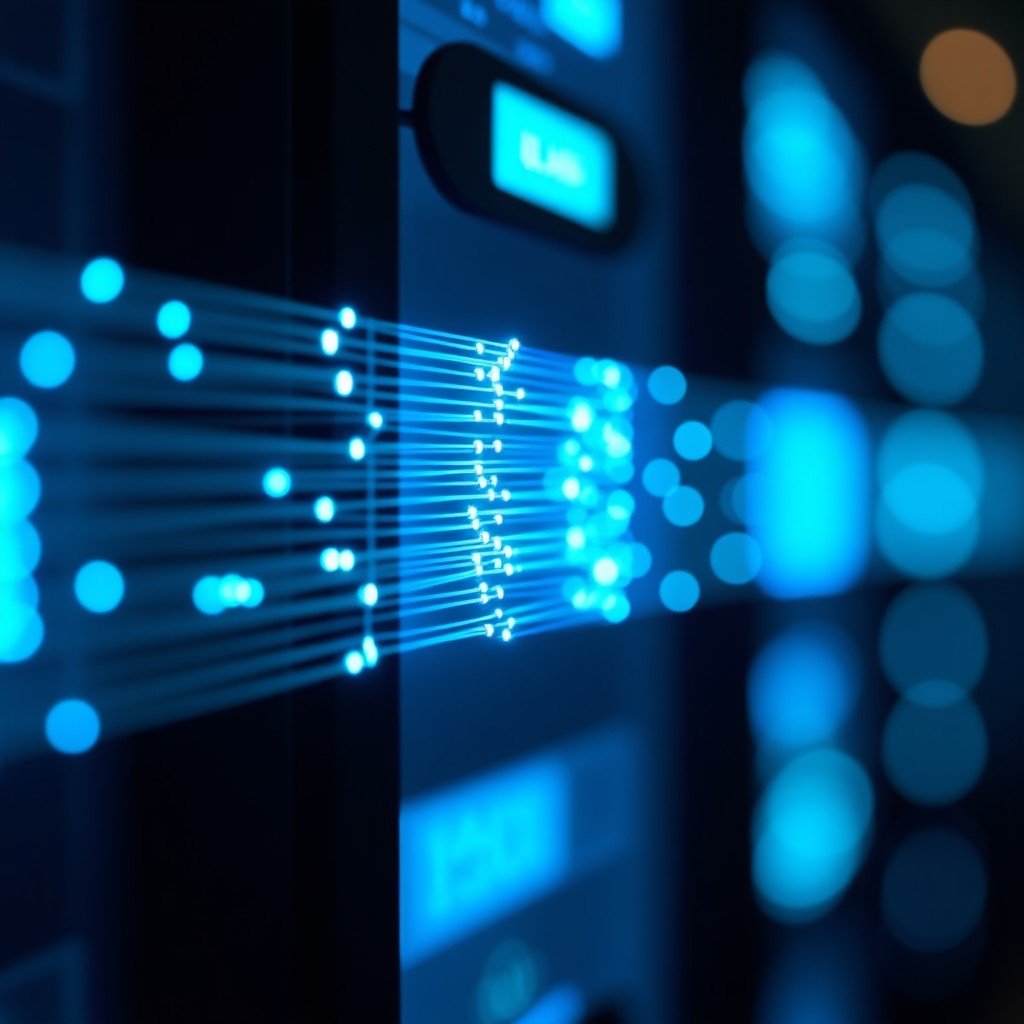 Close up of high-tech fiber optic cables glowing with blue and white light representing high speed AI data transmission in a dark server room setting. 4:3