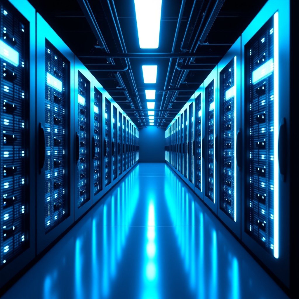 A futuristic and highly detailed AI data center interior with glowing blue and white lights, showing racks of powerful servers connected by advanced cabling systems, high-tech atmosphere, cinematic lighting, 4:3