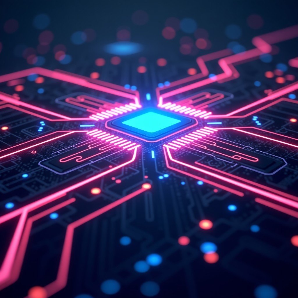 Futuristic digital integrated circuit architecture visualization with neon glowing lines representing data flow, high-tech semiconductor design concept, clean modern layout, cinematic lighting, 4:3