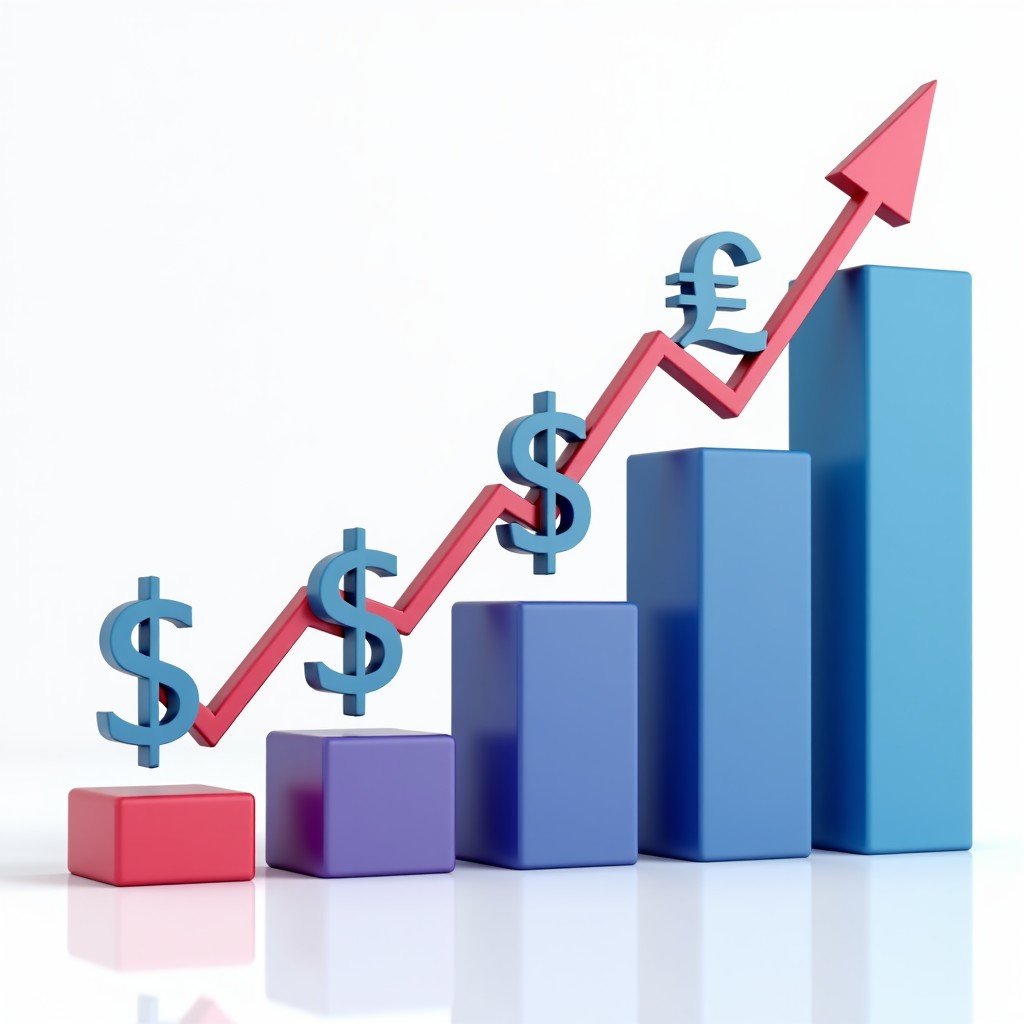 A clean infographic style visualization showing upward trending financial lines and digital currency symbols, representing revenue growth and investment strategy, modern corporate aesthetic, 1:1