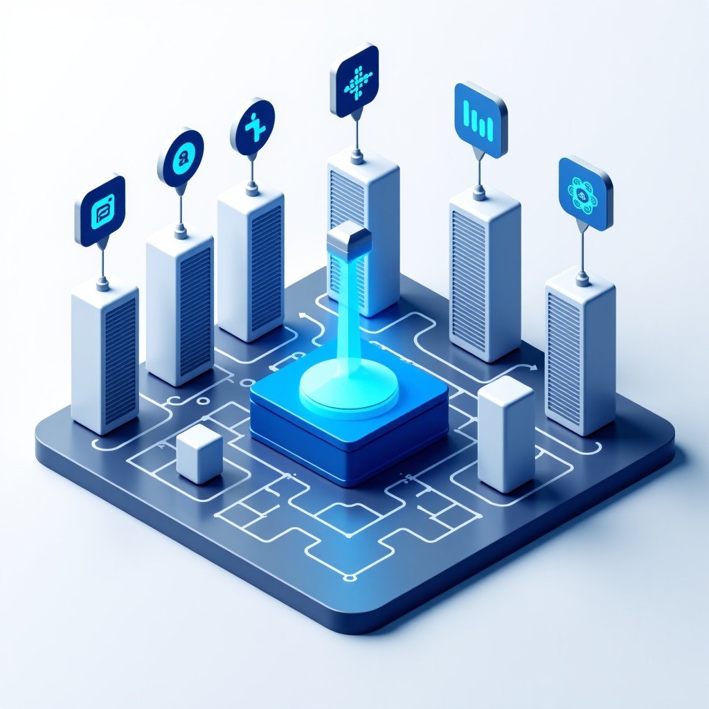 A clean infographic showing data flowing from corporate servers into a central AI core, generating multiple application icons, blue and silver color palette, high tech, 4:3