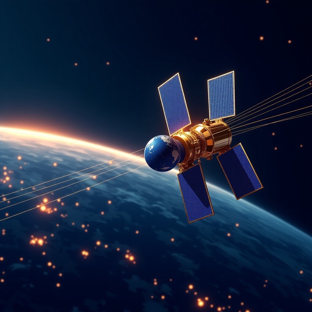 A sophisticated digital illustration representing the merger of satellite technology and artificial intelligence. Glowing neural network lines connecting satellites orbiting Earth. Modern tech aesthetic, dark blue and gold accents, 4:3.