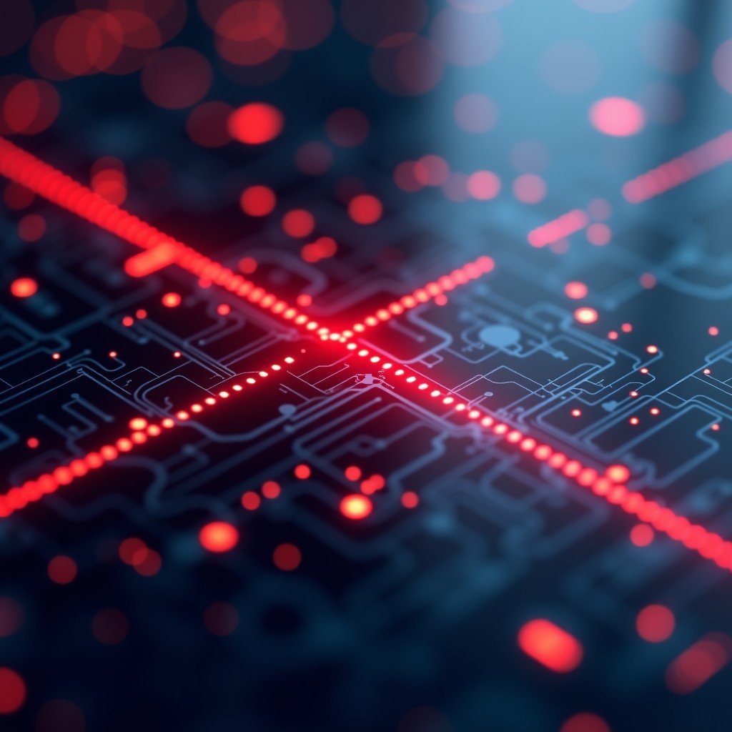 Conceptual digital art showing a symbolic red line glowing on a high-tech circuit board, representing AI safety boundaries, clean and modern aesthetic, 4:3