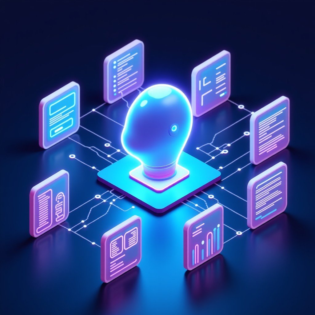 A digital concept of an AI agent interface interacting with various software dashboard icons like databases and spreadsheets, clean futuristic UI design, vibrant blue and purple neon highlights, 4:3