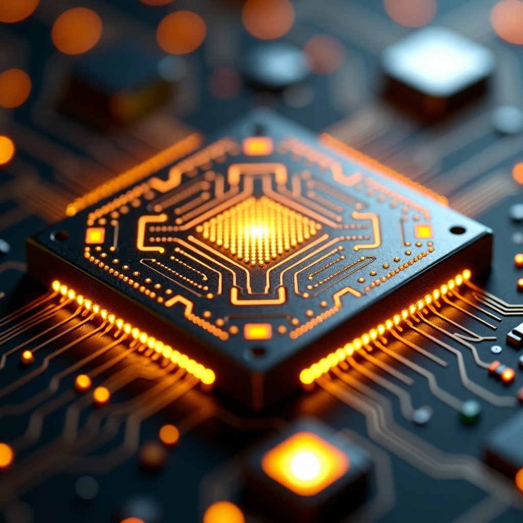 A silicon chip with intricate circuitry, symbolic of AI innovation and dominance, macro photography, high contrast, golden and silver tones, 4:3
