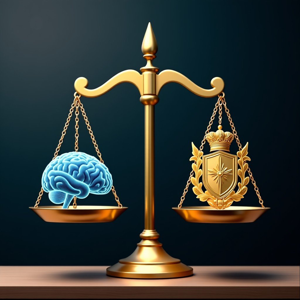 A symbolic representation of a balance scale with one side holding a digital AI brain and the other side holding a golden military crest, dark textured background, high detail, no text, 4:3