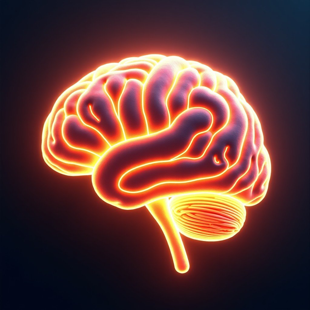 A 3D rendered image of a glowing brain structure made of light fibers, integrated with a circuit board pattern, warm and hopeful lighting, professional composition, 4:3