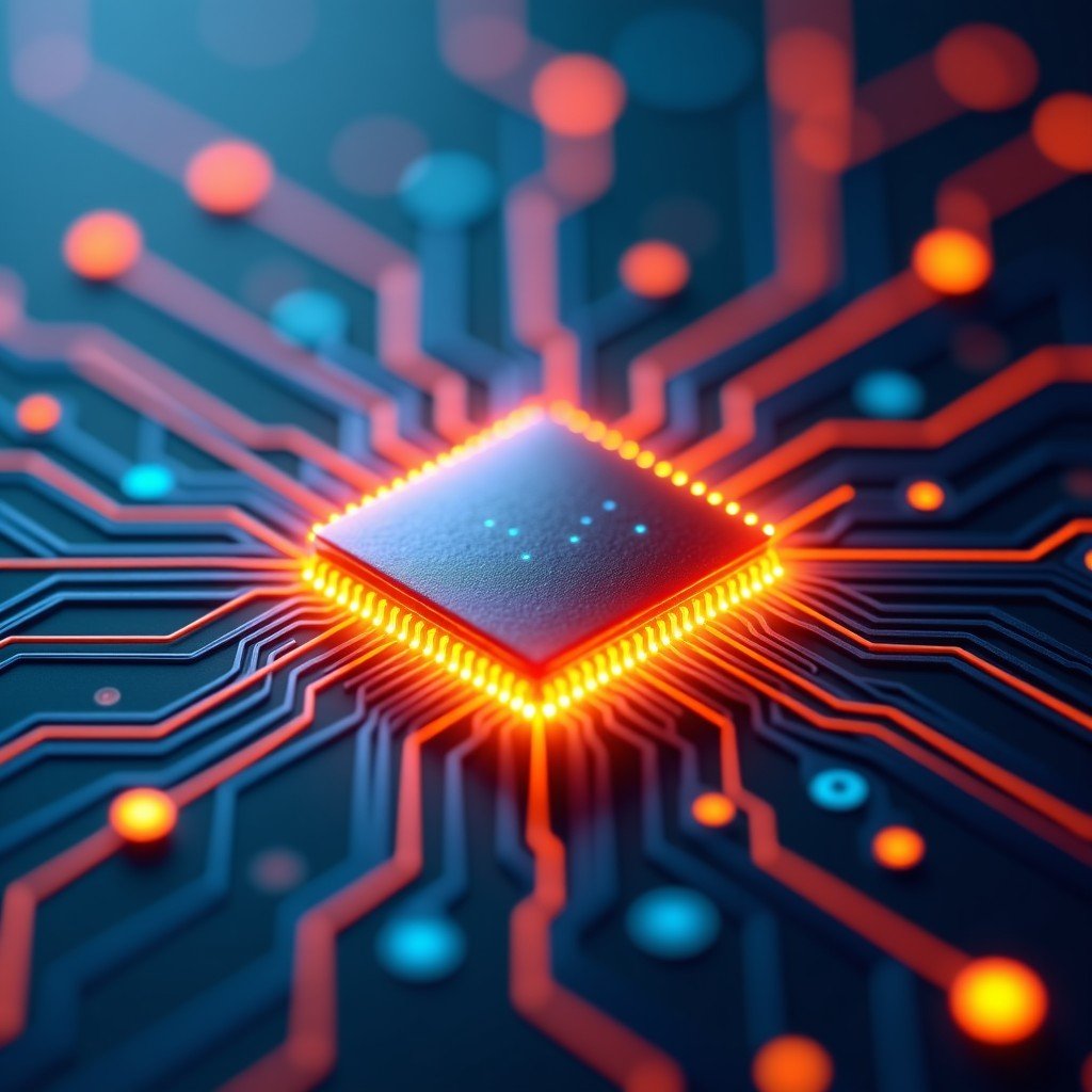Close-up of a futuristic semiconductor chip with glowing neural network patterns flowing out, representing AI inference and compute power, vibrant orange and cyan highlights, 4:3