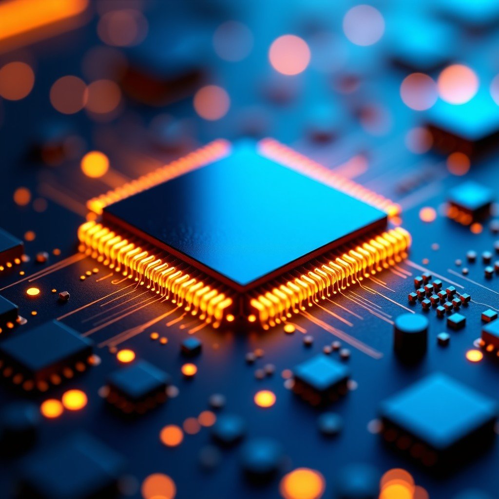 Macro photography of a futuristic semiconductor chip, glowing golden and blue circuits, high detail, bokeh background, tech industry aesthetic, 4:3
