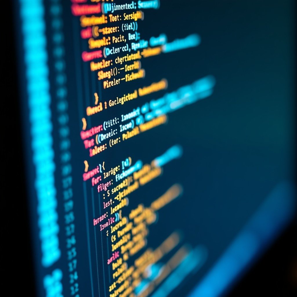 Close up of a computer screen showing complex software code being analyzed by an AI interface with glowing gold and cyan lines, cinematic lighting, tech atmosphere, 1:1