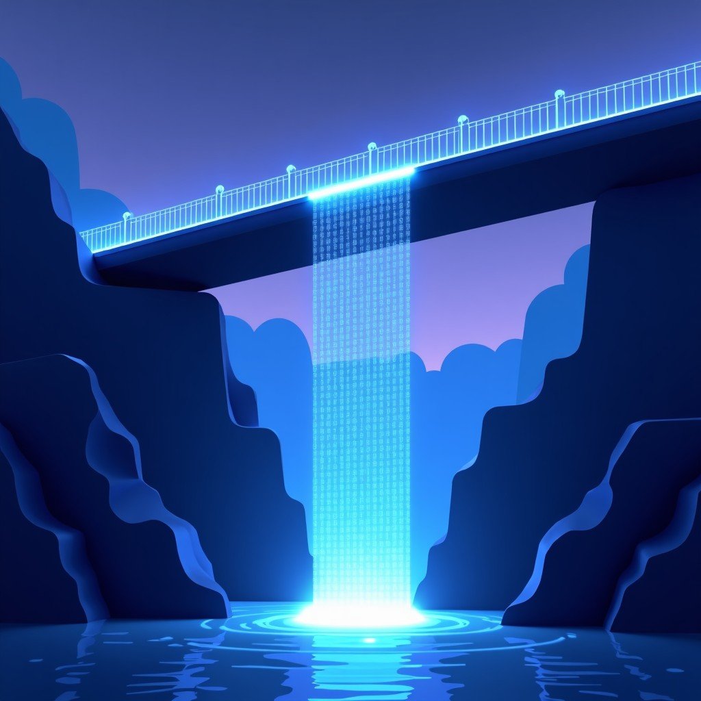 An abstract conceptual illustration of a digital bridge connecting a glowing binary code waterfall to a structured geometric design layout. The style is modern and clean with a blue and purple color palette. High contrast. 4:3