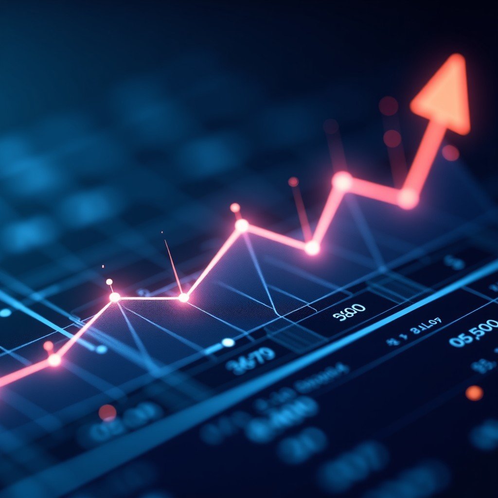 Modern digital dashboard showing financial growth with glowing AI nodes and connection lines, futuristic business style, 4:3