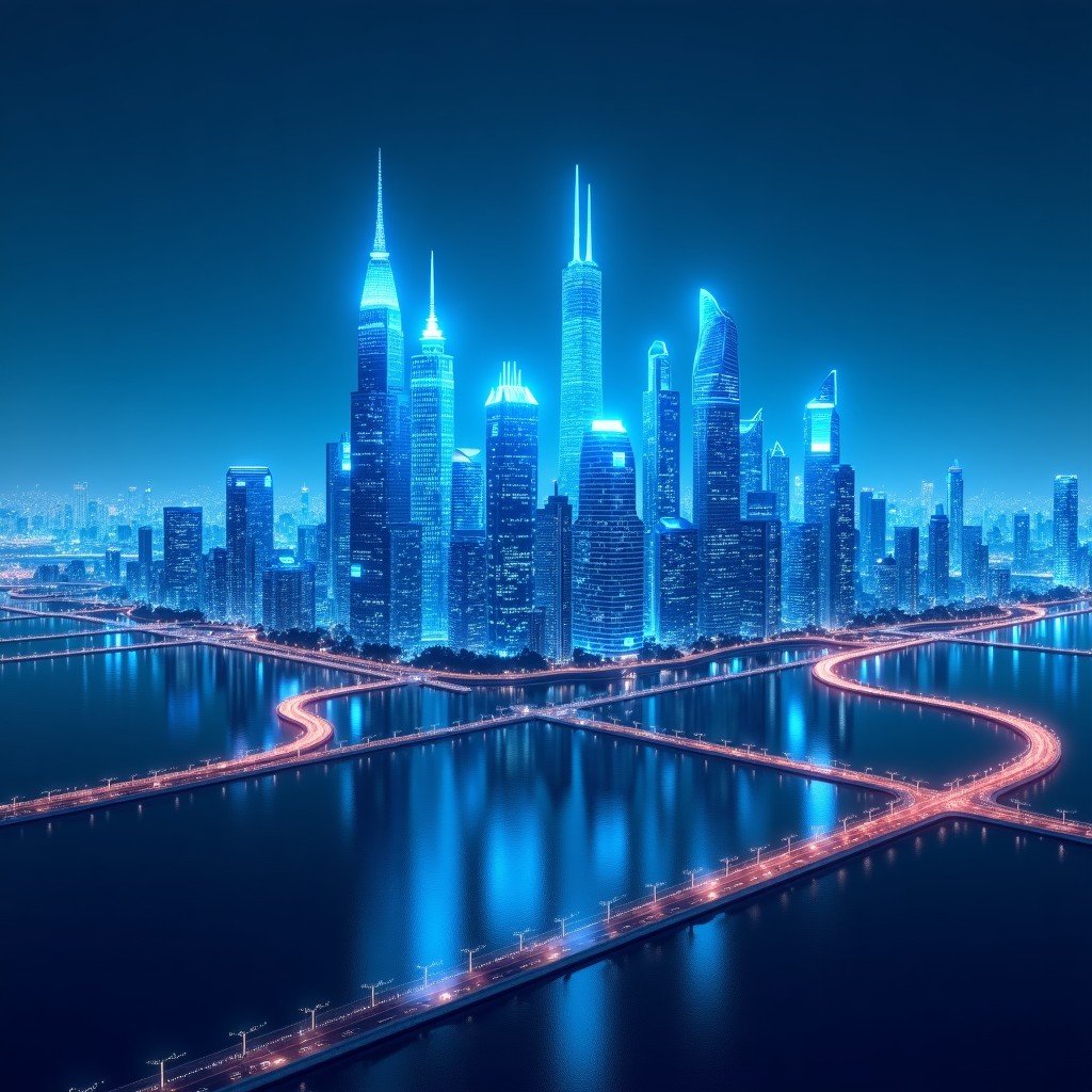A futuristic city skyline showing integrated energy systems and high-tech infrastructure glowing with blue light. 4:3