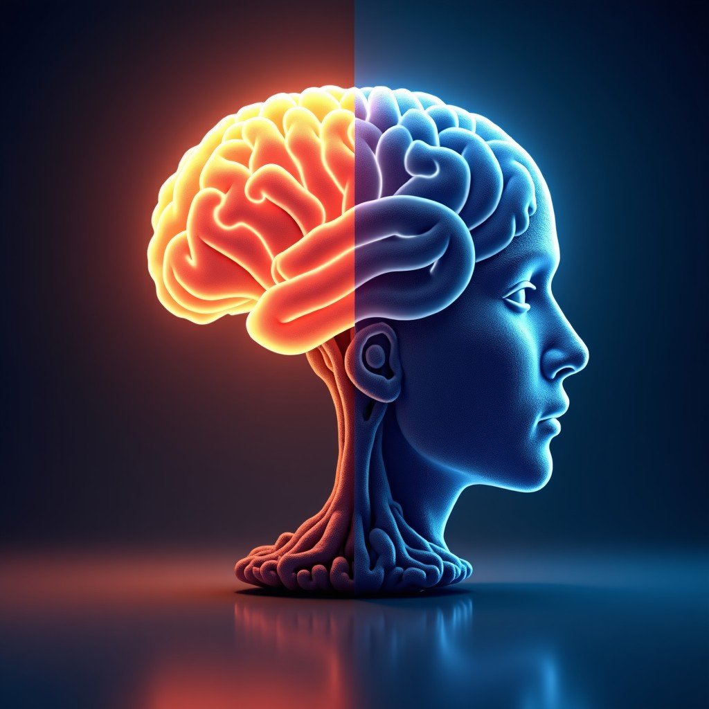 Conceptual illustration comparing a human brain and an AI processor, warm and cool lighting contrast, artistic and modern rendering, 4:3