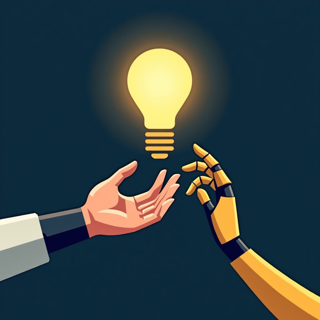 A symbolic illustration of a human hand and a robotic hand reaching towards a glowing core of light representing intelligence, navy and gold color palette, digital art style, 4:3