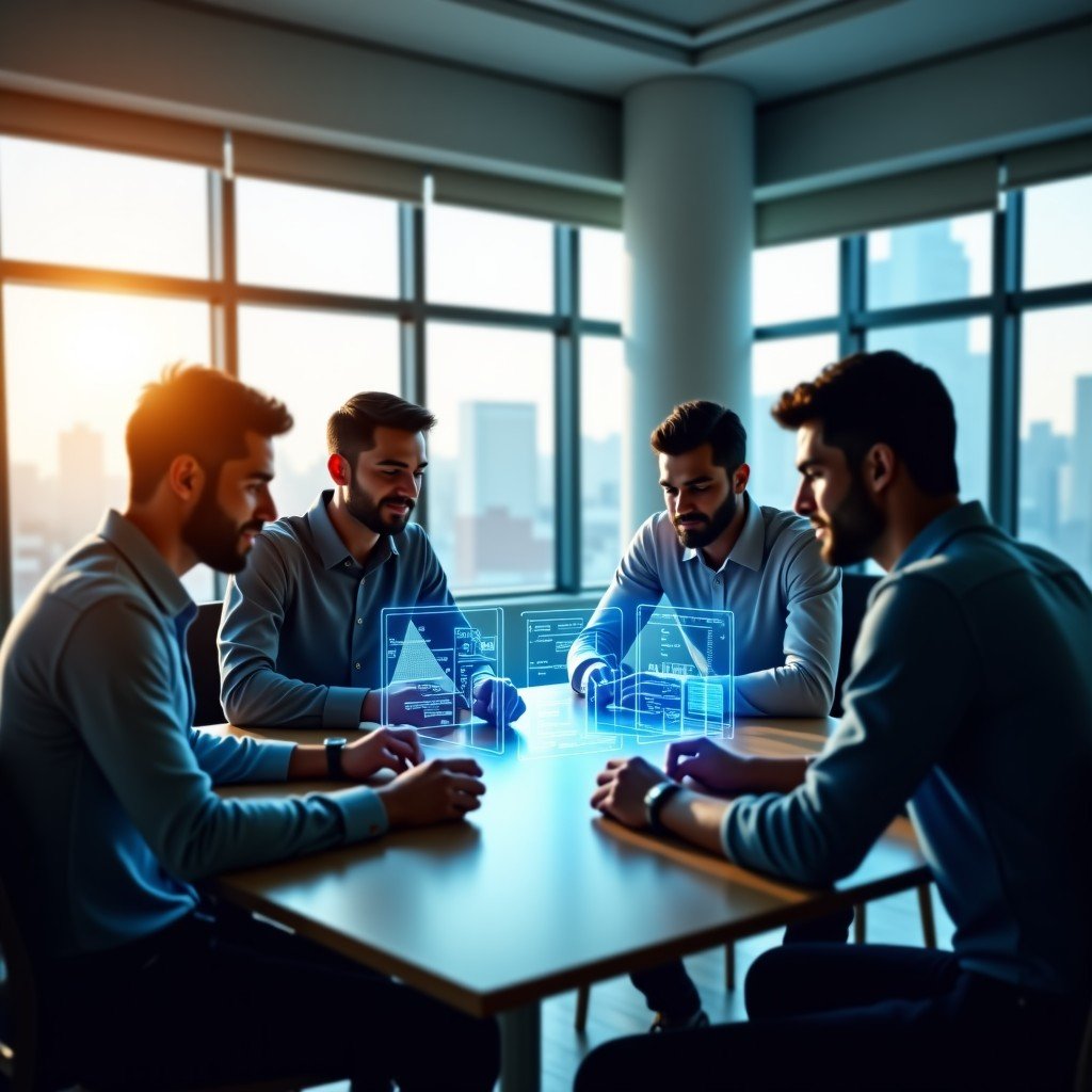 Diverse Indian IT professionals working in a futuristic office, collaborating with holographic AI interfaces and digital data streams. Natural sunlight, warm tones, 4:3 aspect ratio, no text.