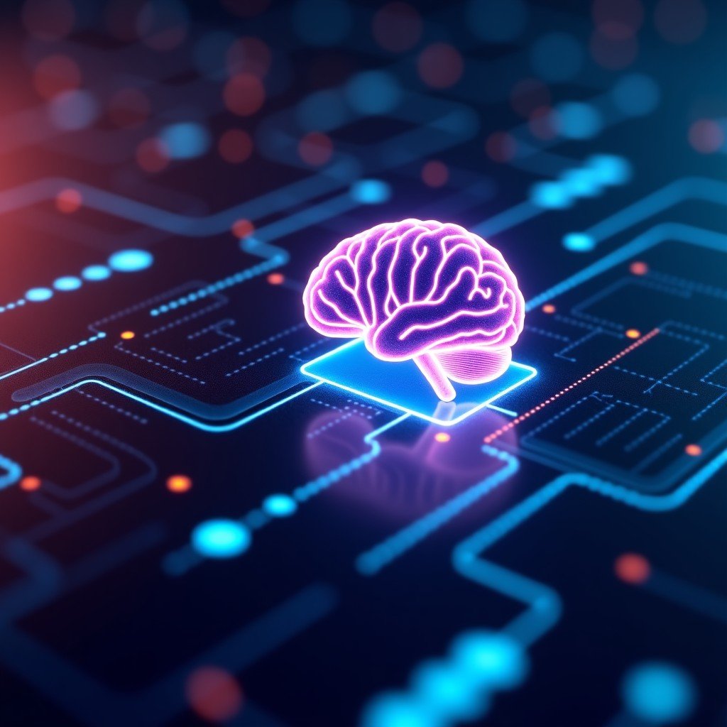 A high-tech digital interface showing lines of software code being scanned by a glowing neon light. Abstract representations of digital bugs being identified and fixed by an artificial intelligence brain icon. 4:3