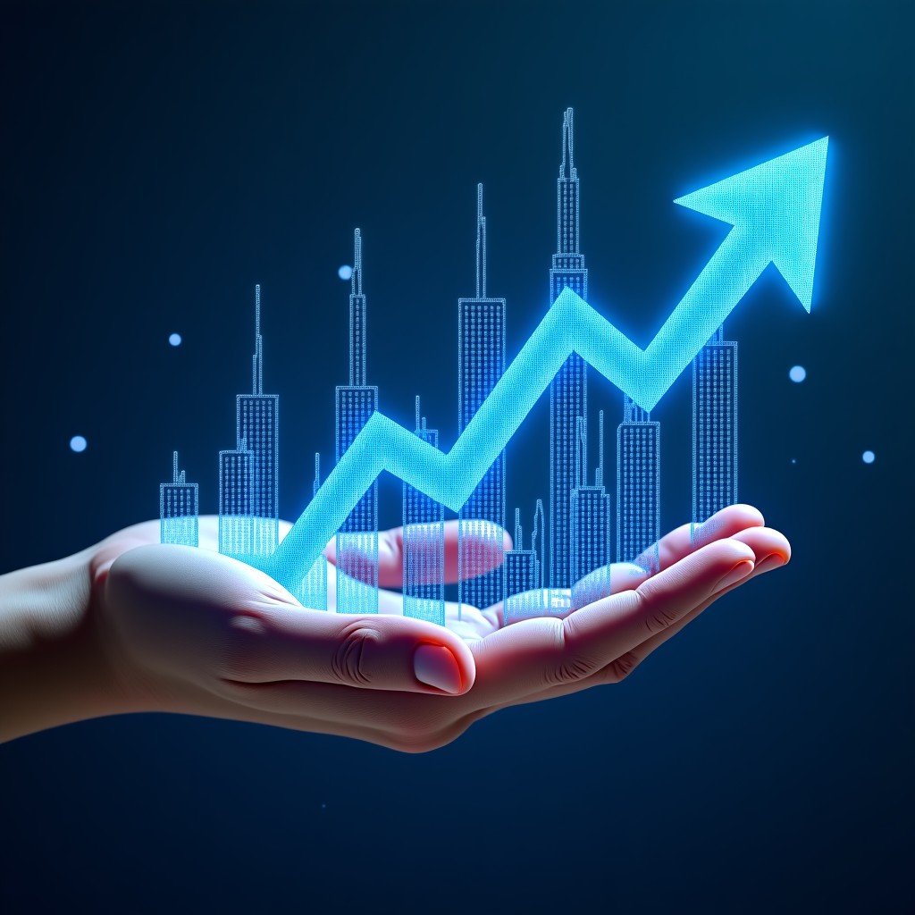 A high-tech digital visualization of economic growth and data expansion in the AI era 1:1