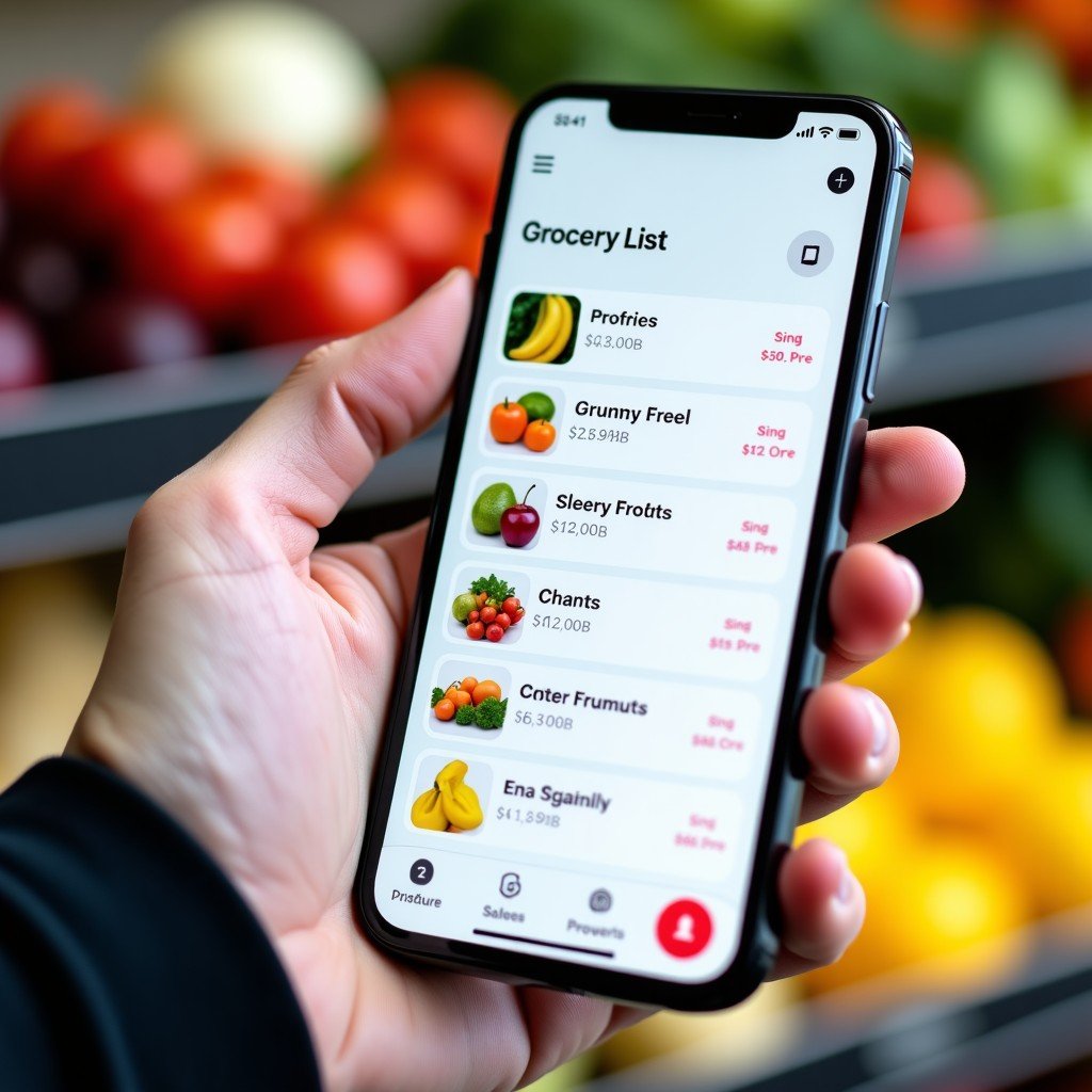 A close up of a digital smartphone screen showing an AI assistant organizing a grocery list with product images and prices. Clean user interface, tech-focused composition, 1:1