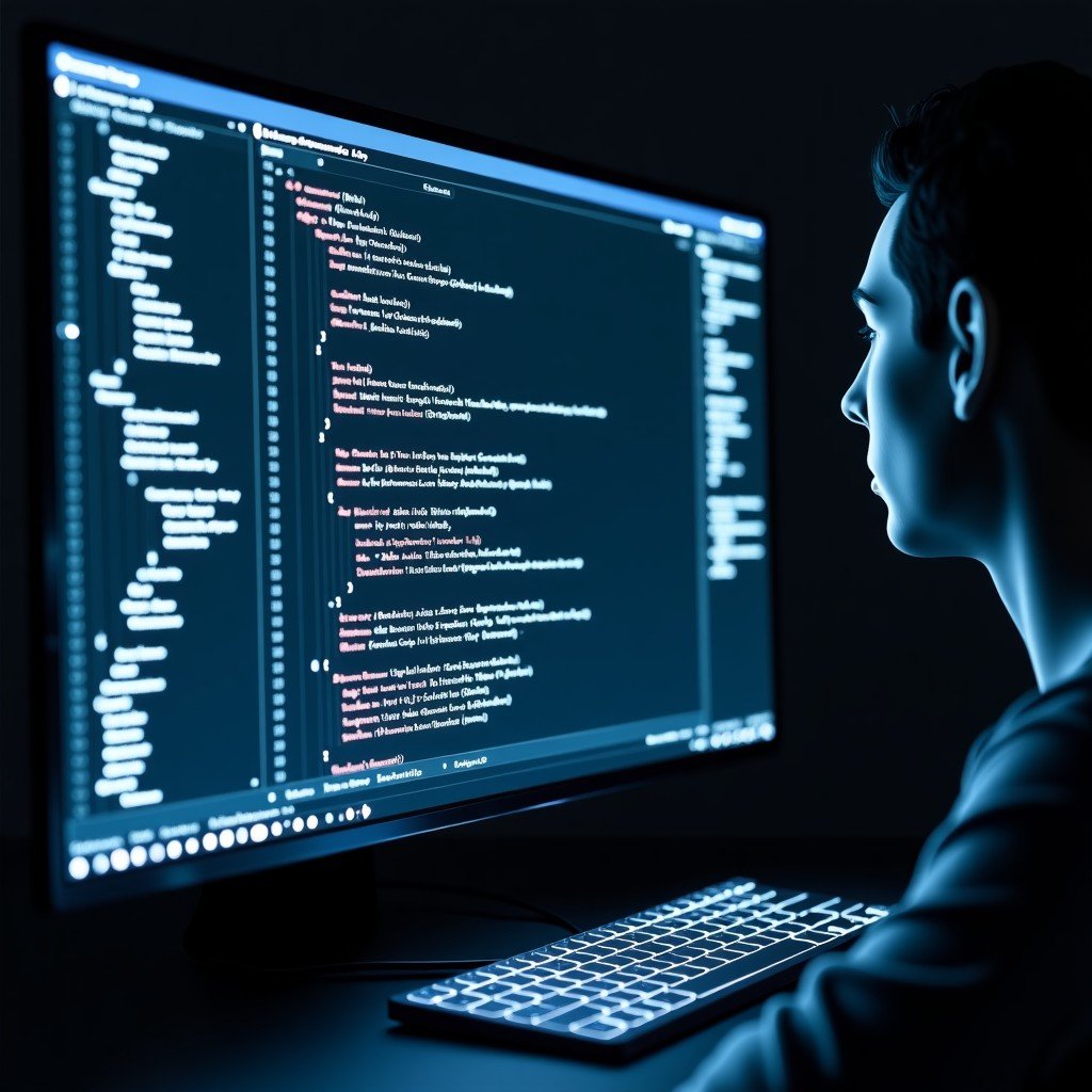 A futuristic computer screen showing complex lines of code being generated automatically by an AI assistant in a modern dark-themed IDE. 4:3
