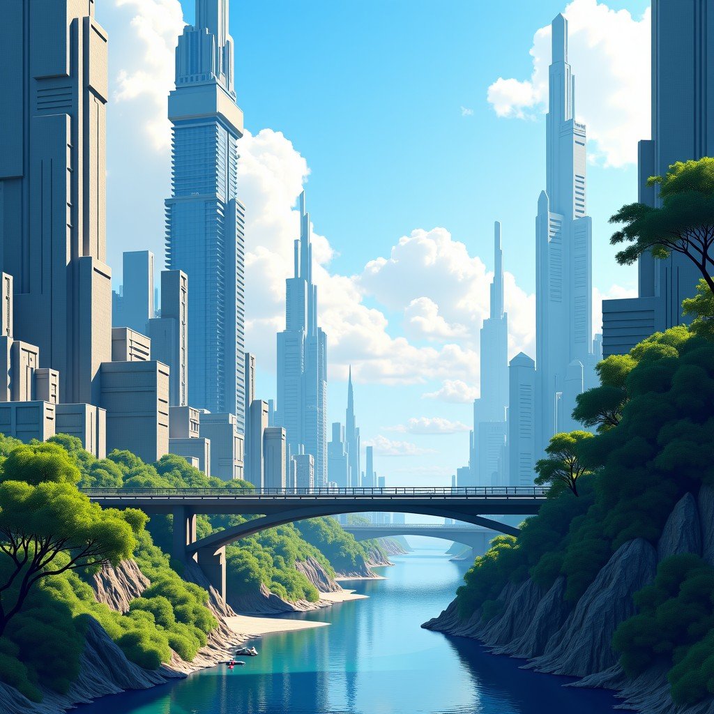 A futuristic cityscape where artificial intelligence is integrated into every aspect of life, from transportation to energy management. A blend of high-tech and sustainable architecture. No text. 4:3