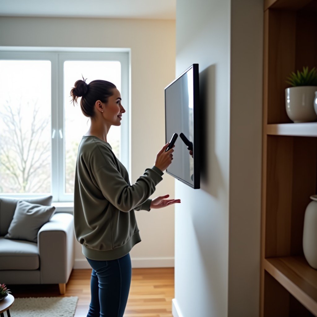 A clean lifestyle photo of a person interacting with a smart screen and home devices in a bright contemporary apartment, 4:3