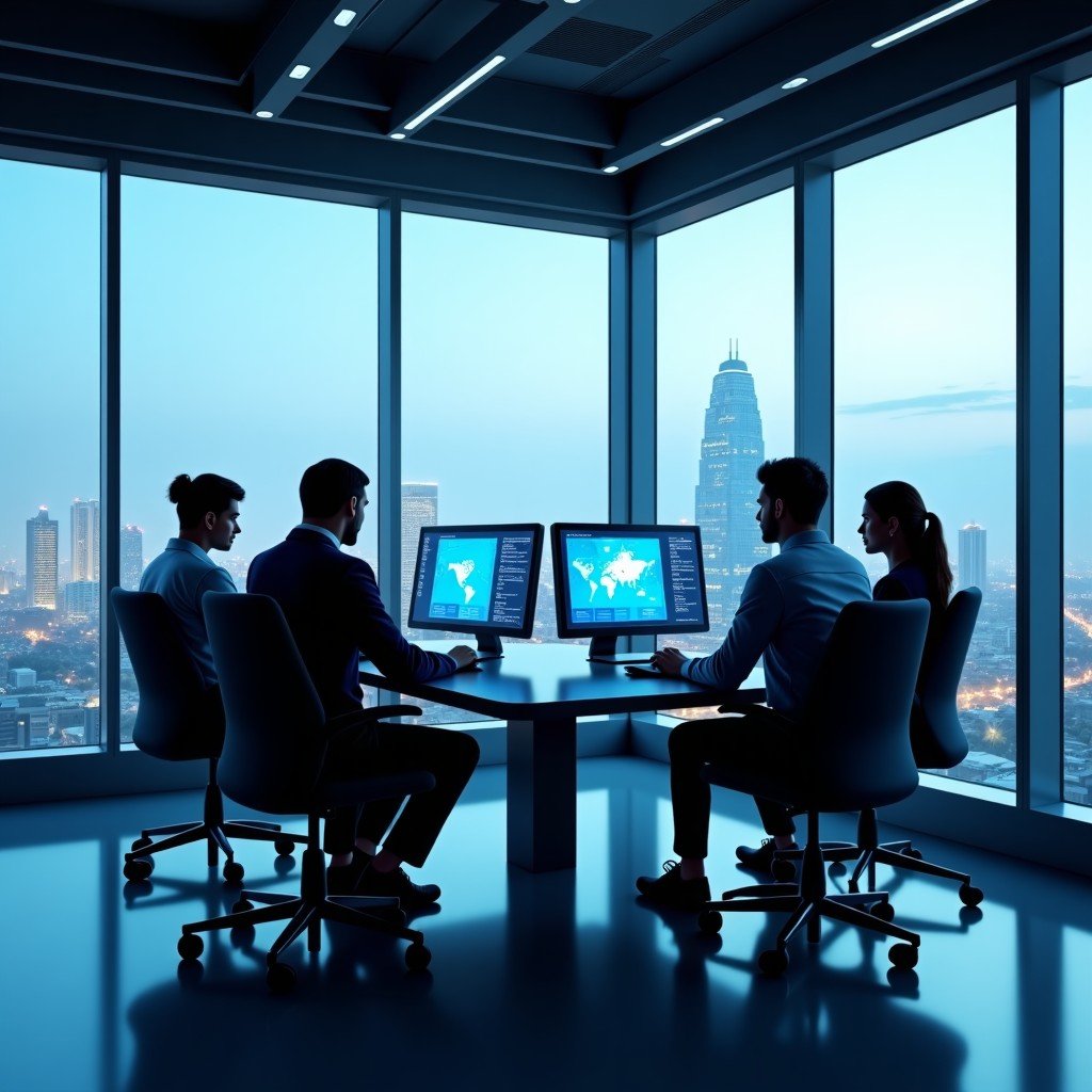 A high-tech futuristic office in India with young professionals working on advanced AI software, glass windows showing a modern city skyline of Bangalore, professional atmosphere, cinematic lighting, 16:9