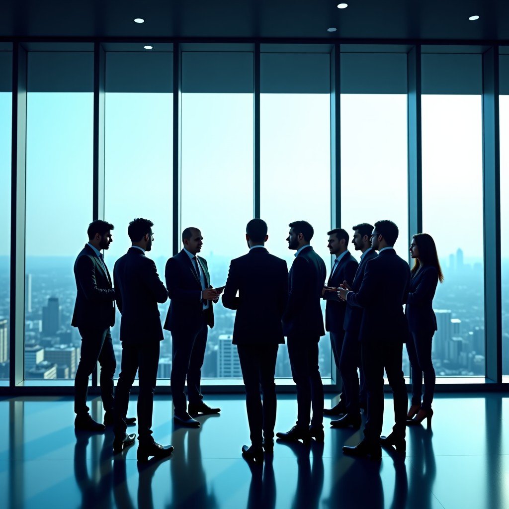 Professional business leaders in a modern glass conference room in an Indian city discussing AI technology maps, diverse group including Indian professionals, high-end office environment, 4:3