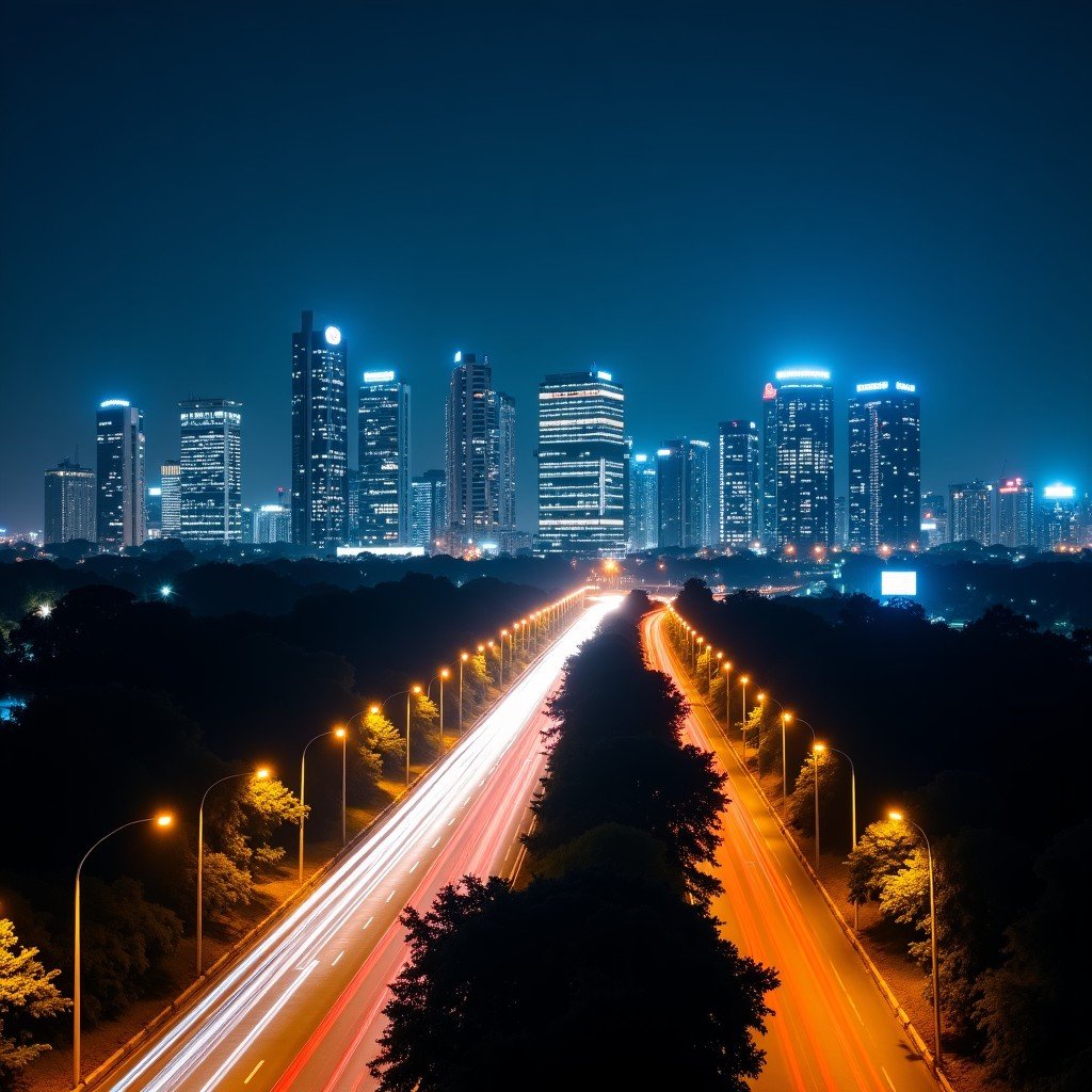 Night view of a bustling Indian tech hub city like Bangalore or Hyderabad, glowing office buildings with lights, modern architecture, long exposure light trails from cars, 16:9