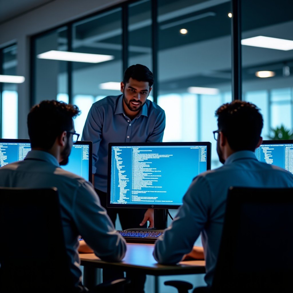 A professional collaboration scene showing Indian software engineers and Western tech executives discussing AI code on multiple monitors in a modern high-end office in Bangalore cinematic lighting focus on teamwork 4:3