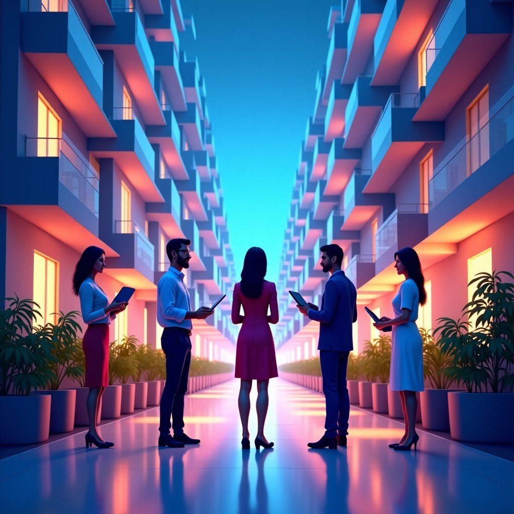 A modern tech hub in India with traditional cultural elements subtly integrated, diverse professionals working with AI technology, vibrant colors, 4:3