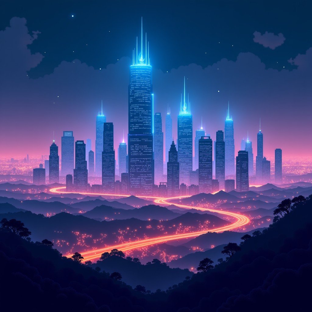 A futuristic skyline of a major Indian city at night with digital data streams rising into the air, representing a connected AI ecosystem, vibrant electric colors, 4:3