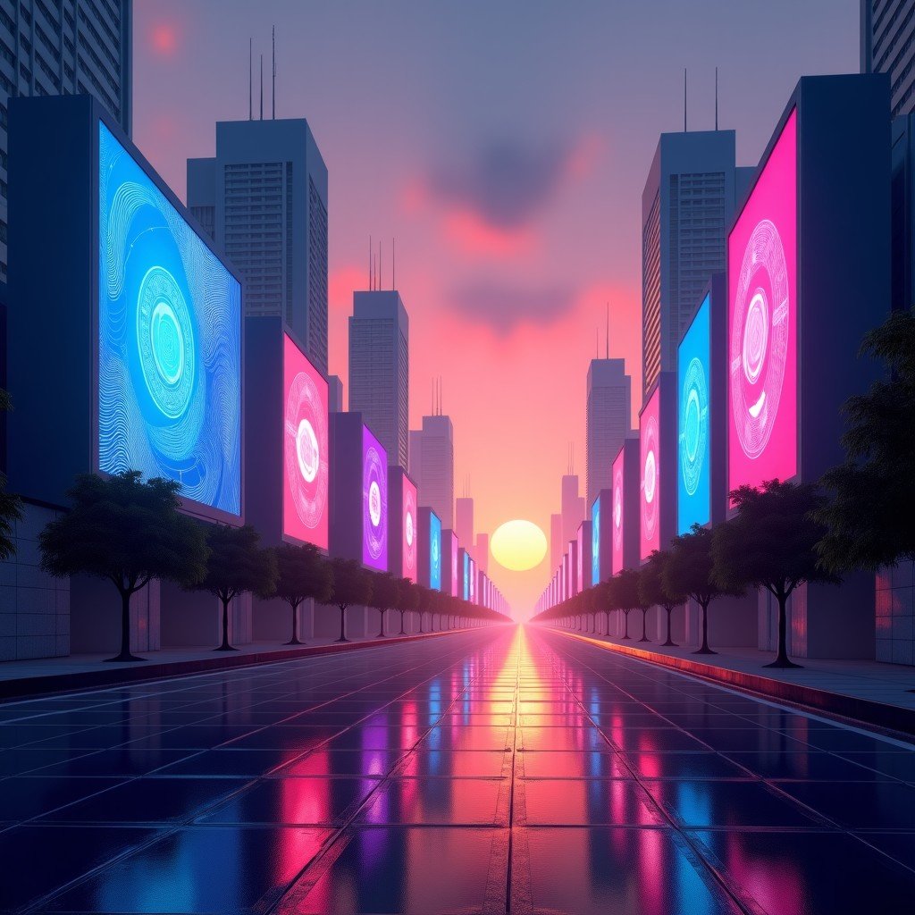 A futuristic view of an Indian tech hub like Hyderabad at sunset, with neon lights, digital billboards showing abstract AI patterns, and modern skyscrapers. High-tech atmosphere, 4:3 aspect ratio, no text.