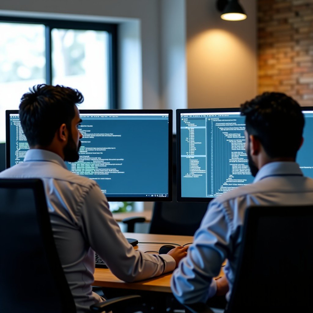 Professional Indian software engineers working in a high-tech office environment, collaborating on complex code displayed on multiple large monitors, natural lighting, lifestyle photography, 4:3