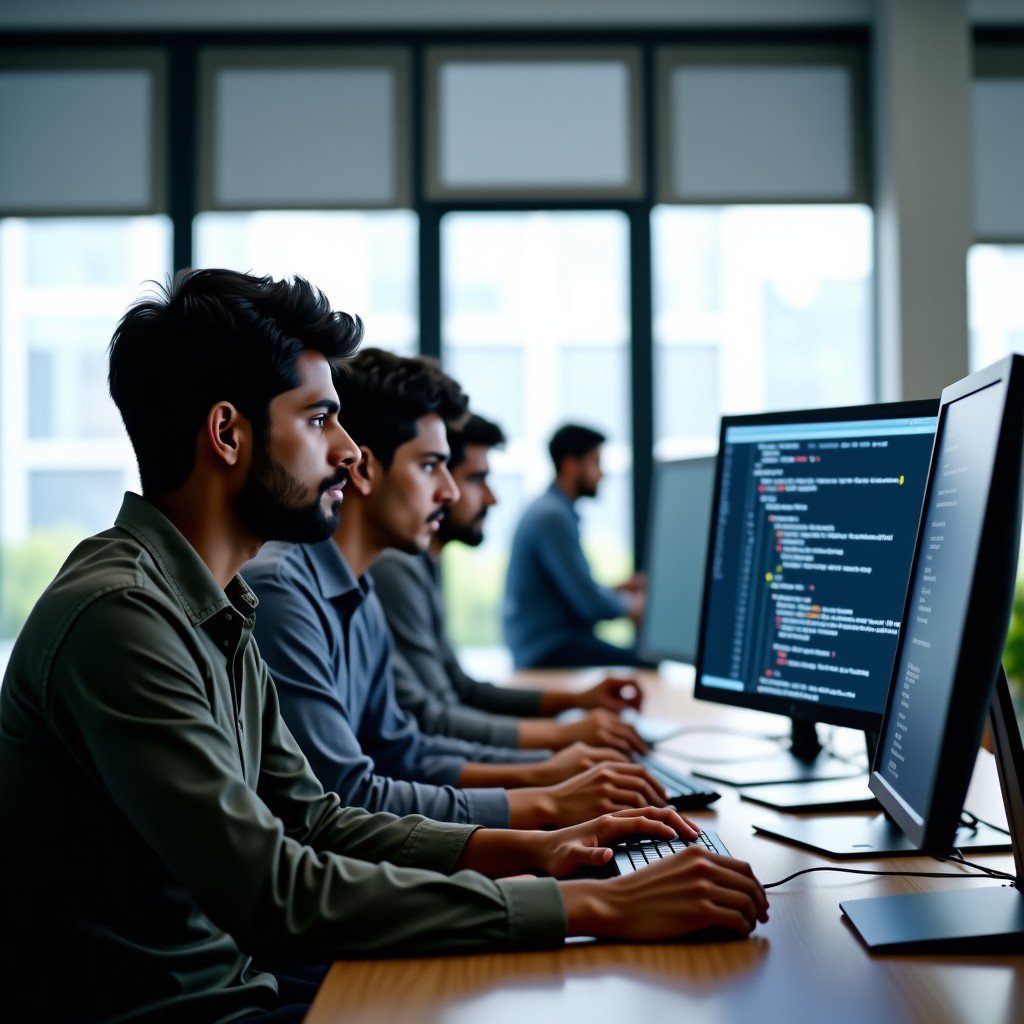 A group of young professional Indian software engineers working together in a bright, modern office space. They are looking at screens showing complex code and AI models. Natural lighting and a collaborative atmosphere. 1:1