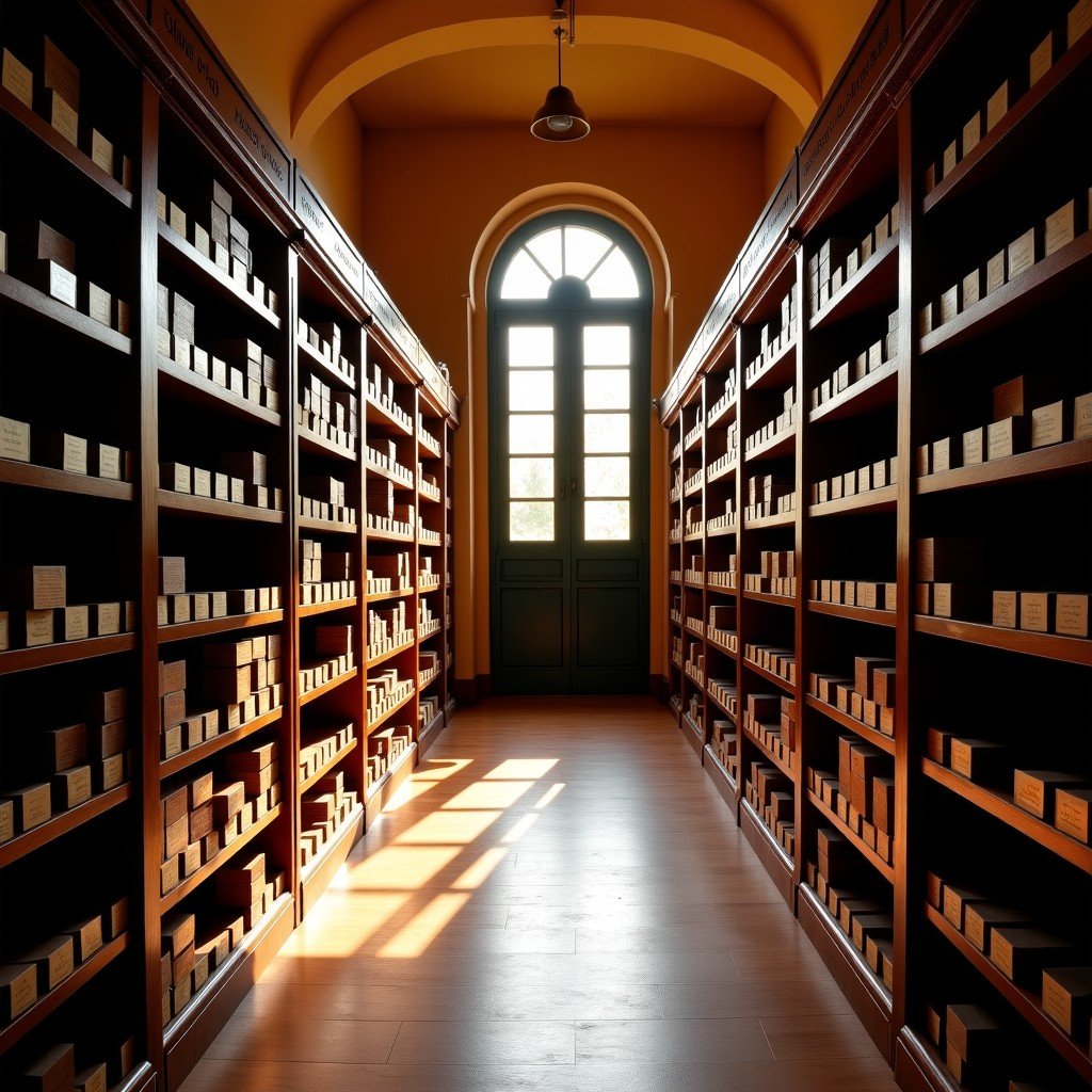 Interior of the Archivo de Indias, rows of old wooden shelves with historical document boxes, warm lighting, classical Spanish architecture, 4:3