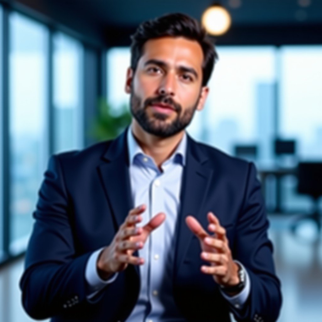 A professional male CEO in a modern suit giving a confident interview in a bright television studio, soft lighting, medium shot, realistic photography, 4:3