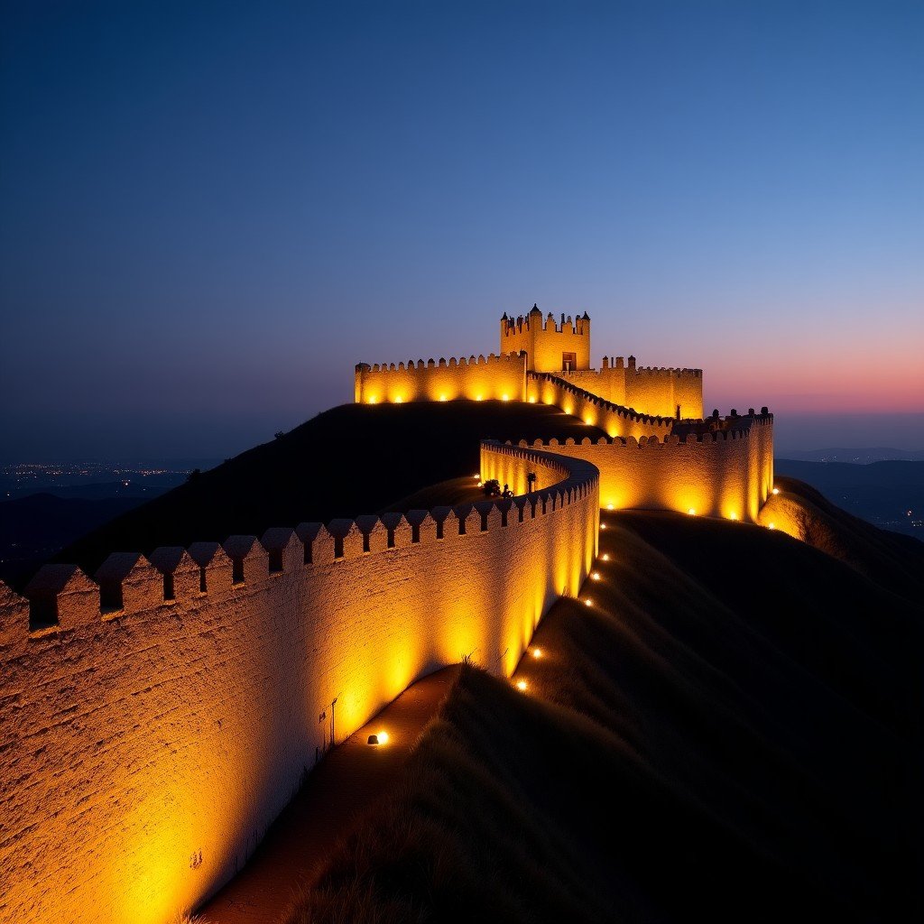 A long distance view of the Avila city walls at sunset with golden warm lighting illuminating the stone structures. The sky is dark blue and purple. High quality photography, centered focus, 4:3