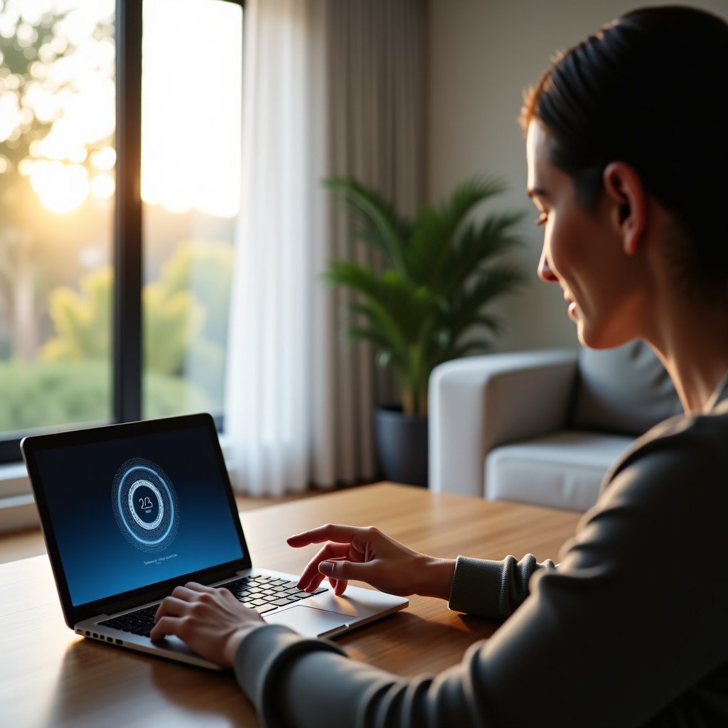 A modern living space where a person is interacting with a sleek smart home device. Subtle digital patterns emerge from the device to show it is processing information. Natural morning light, realistic lifestyle, 4:3.