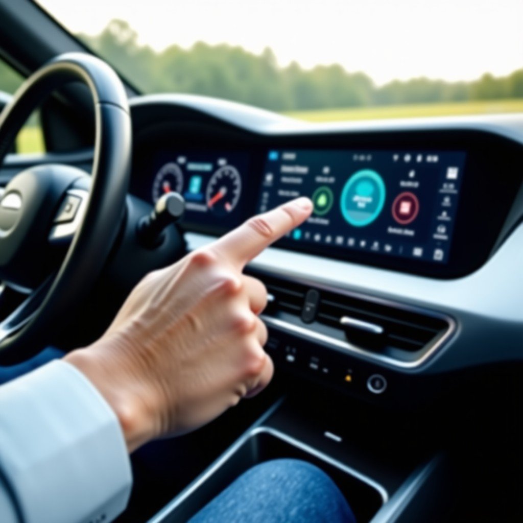 Close-up of a driver's hand interacting with a high-tech car infotainment screen in a safe manner. The interior is premium and futuristic. Soft natural lighting. Realistic car photography. 4:3